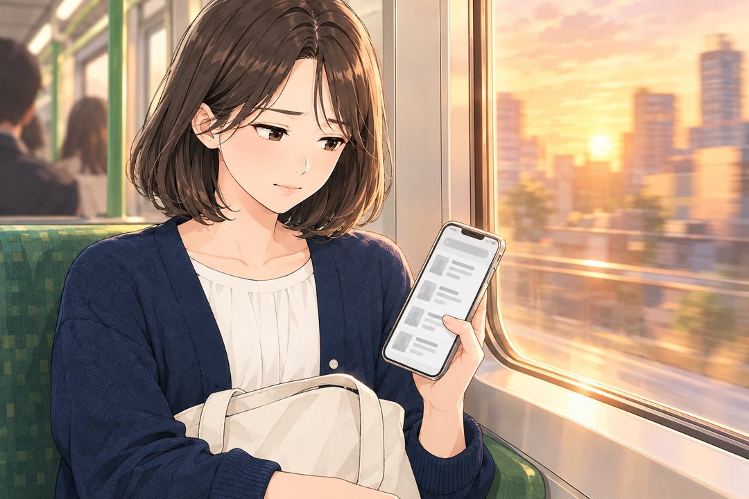仕事帰りの電車で、スマホの求人画面を閉じかけている20代の女性